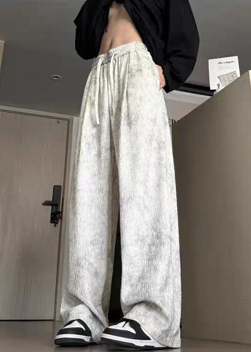 Cotton Wide Leg Tie Up Men Pockets Pants Lace Beige Dye FashionChic