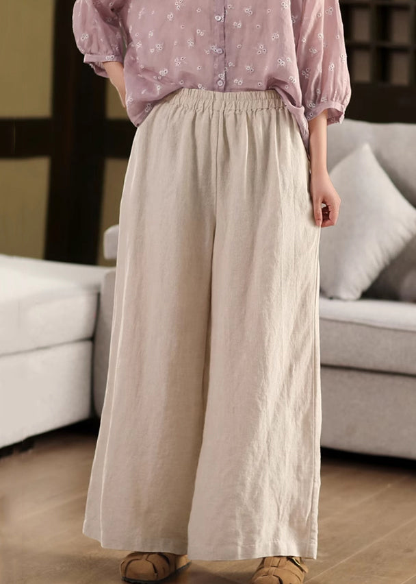 Pants Elastic Pockets Linen Loose Leg Waist Beige Summer Wide FashionChic