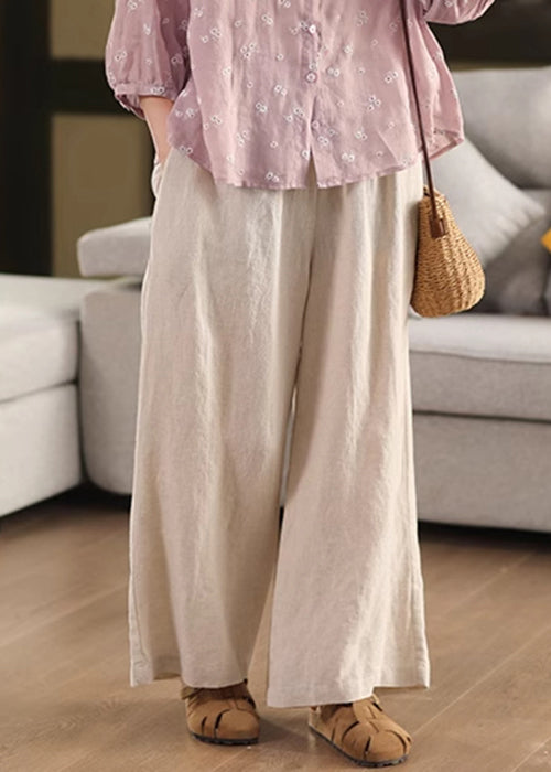 Pants Elastic Pockets Linen Loose Leg Waist Beige Summer Wide FashionChic