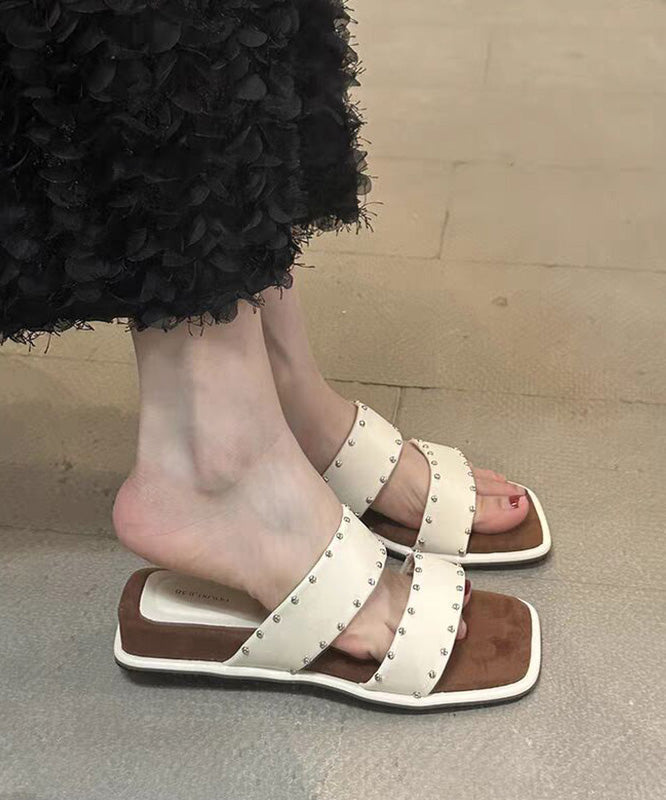 Wedge Sandals Peep Rivet Splicing Slide Beige Toe FashionChic