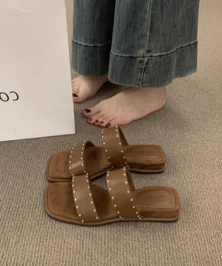 Wedge Sandals Peep Rivet Splicing Slide Beige Toe FashionChic