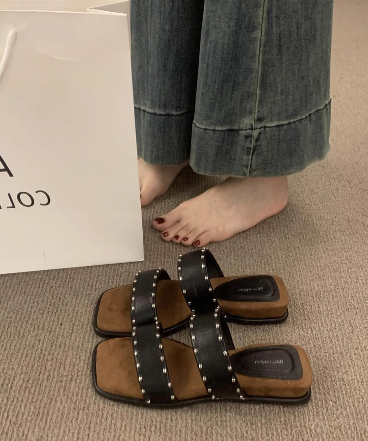 Wedge Sandals Peep Rivet Splicing Slide Beige Toe FashionChic