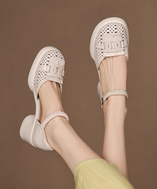 Sheepskin Splicing Strap Chunky Heel Buckle Sandals Beige FashionChic