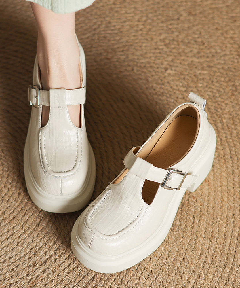 Beige Sheepskin Chunky Heel Loafers Women Splicing Buckle Strap YC008 ABC