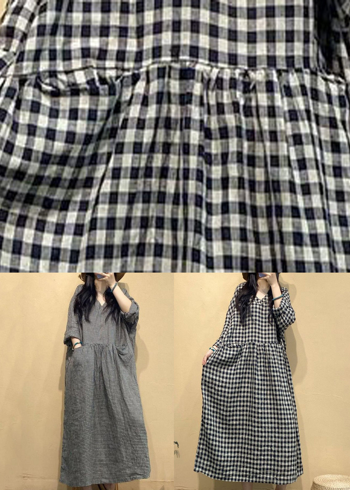 Big Plaid Pockets Linen Dress V Neck Long Sleeve AU1055 MZF-240903