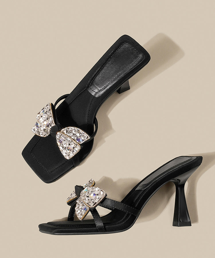 High Splicing Sandals Heel Bow Zircon Black Slide FashionChic