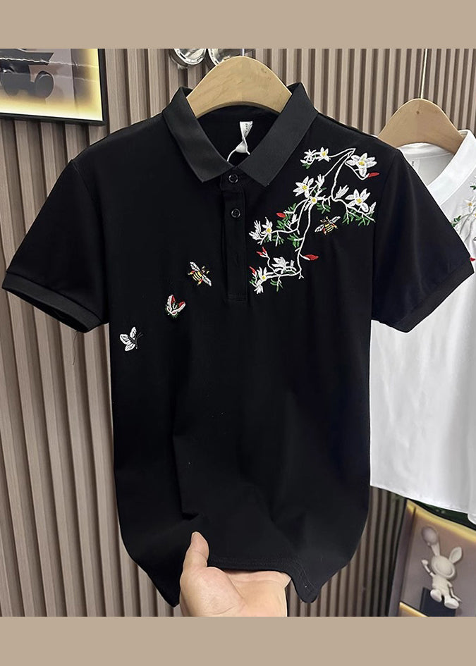 Black Polo Embroideried Summer Shirts Mens Cotton Button FashionChic