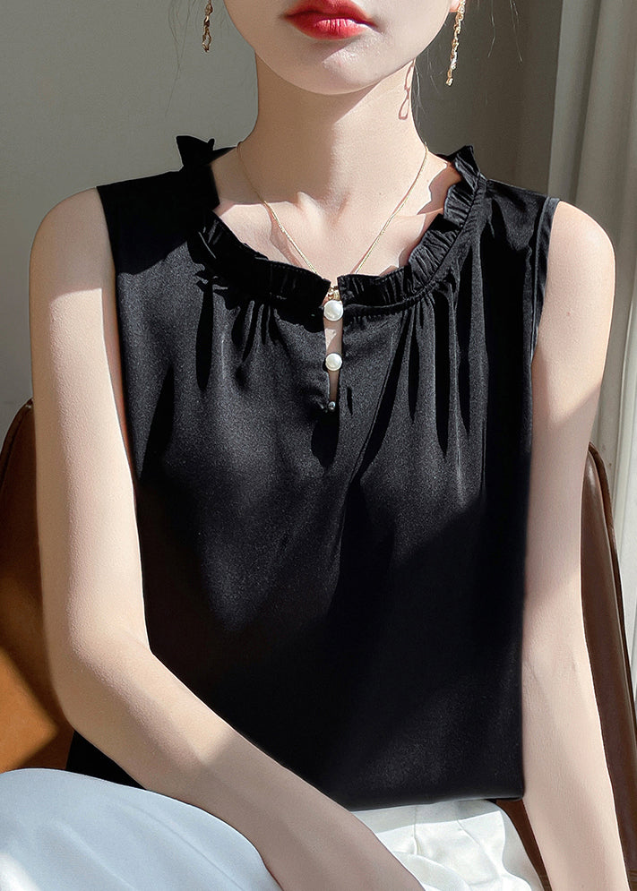 Black Blouse Silk Ruffled Button Sleeveless Solid FashionChic