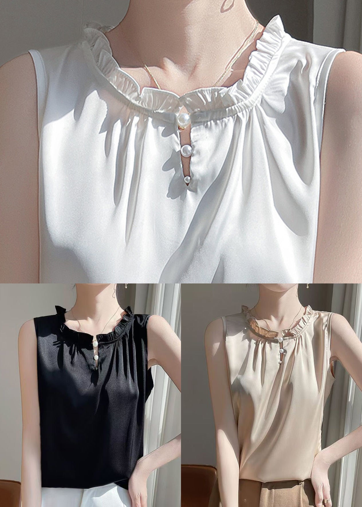 Black Blouse Silk Ruffled Button Sleeveless Solid FashionChic