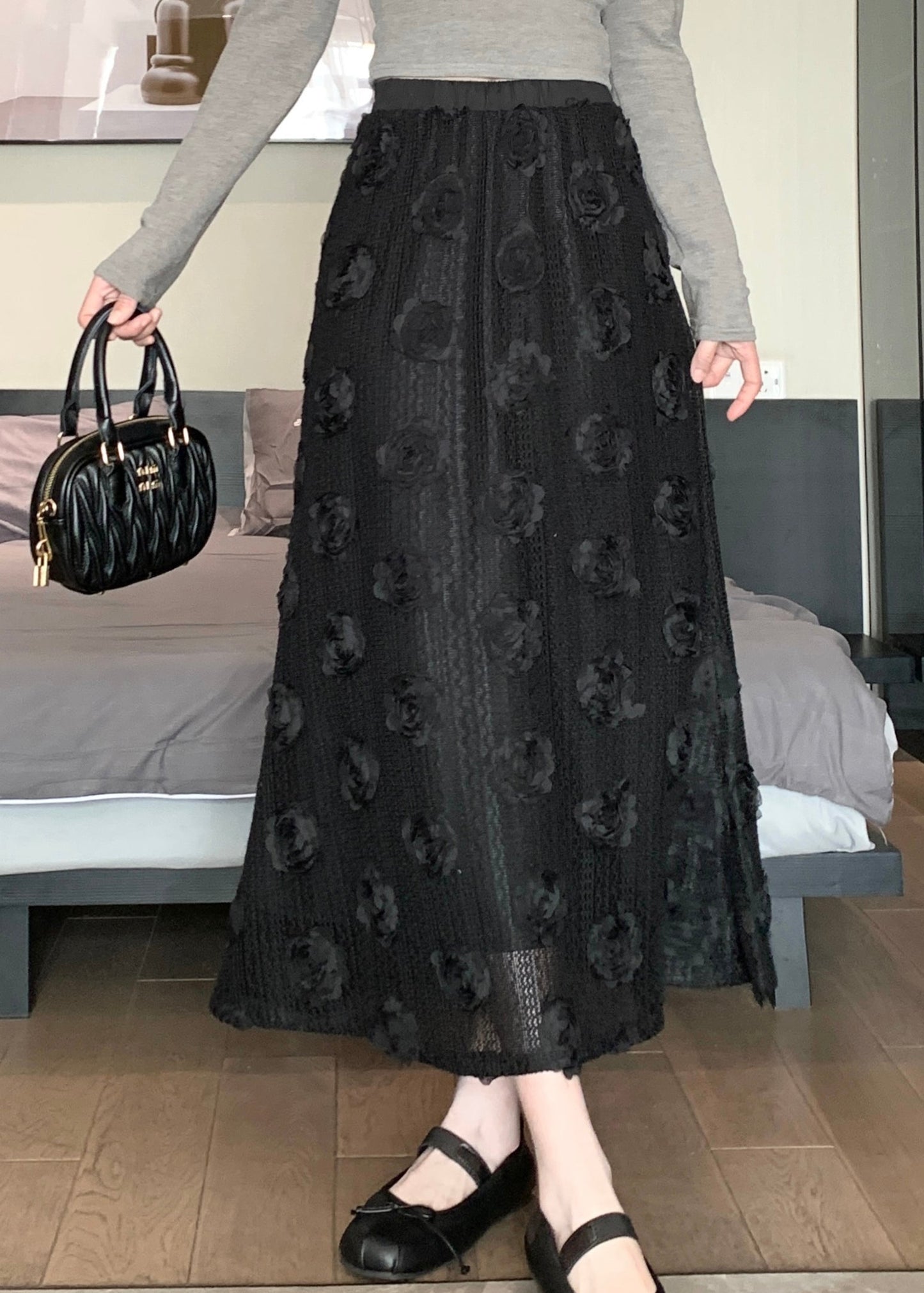 Black Chic Patchwork Cotton Skirt Elastic Waist Floral Spring QQ1054 Ada Fashion