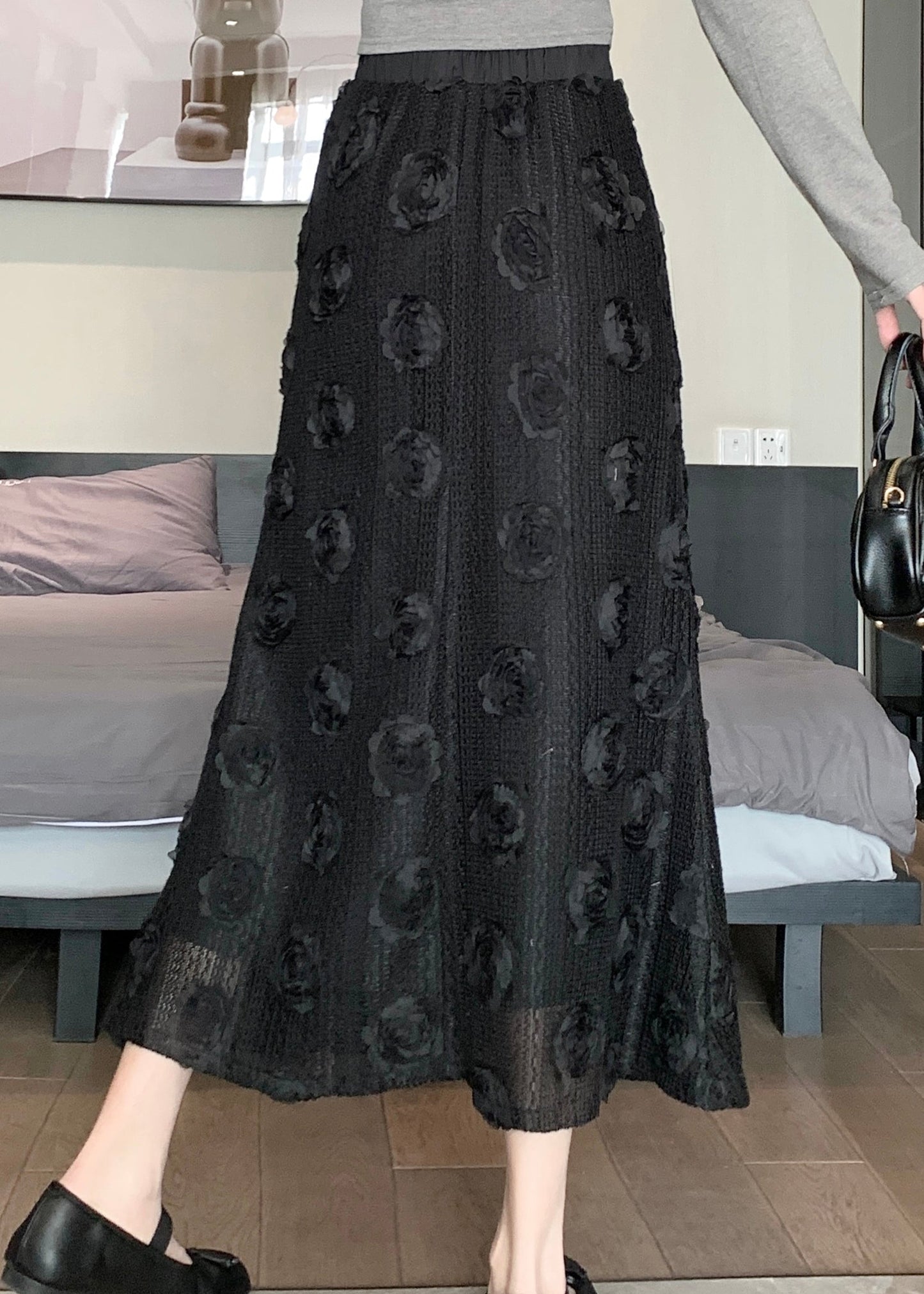 Black Chic Patchwork Cotton Skirt Elastic Waist Floral Spring QQ1054 Ada Fashion