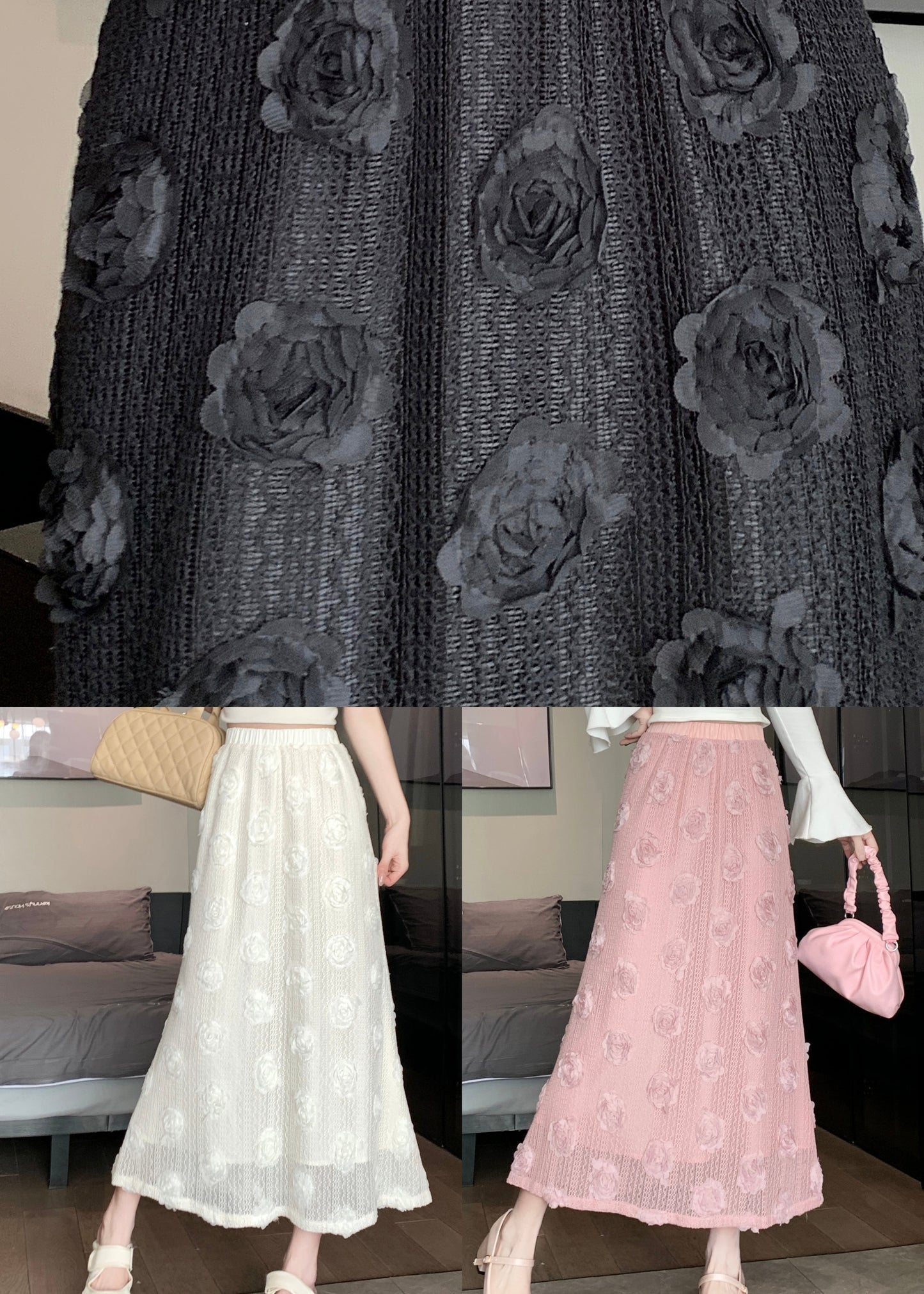 Black Chic Patchwork Cotton Skirt Elastic Waist Floral Spring QQ1054 Ada Fashion