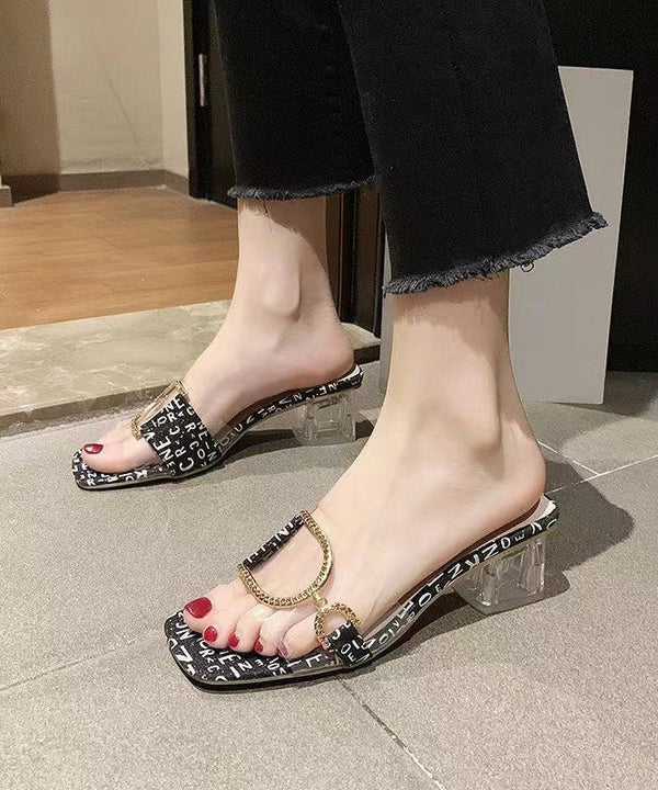 Black Chunky Heel Stylish Peep Toe Crystal Slide Sandals RT1003 Ada Fashion