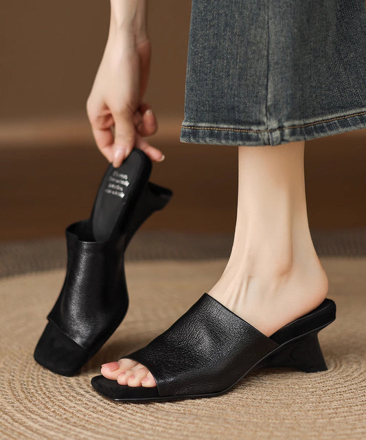 Sandals Black Sheepskin Beautiful Toe Slide Peep Chunky FashionChic