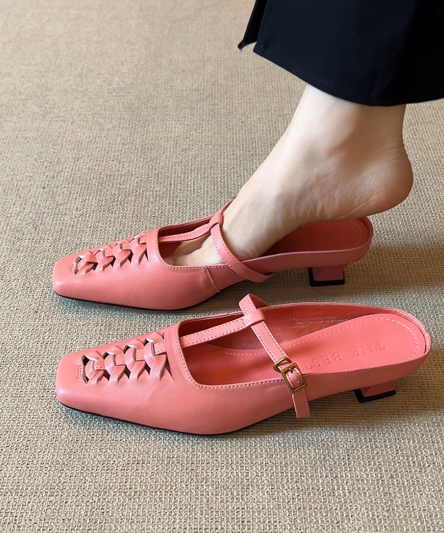 Splicing Elegant Chunky Sandals Black Slide Sheepskin FashionChic