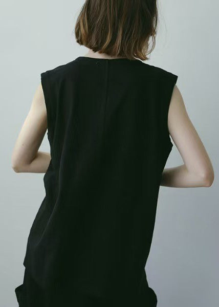 Sleeveless Cotton Tops V Neck Black Tank FashionChic