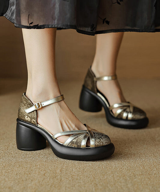 Leather Buckle Splicing Black Sandals Cowhide Chunky Strap Heel FashionChic