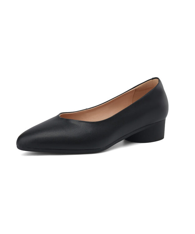 Black Pointed Toe Chunky Shoes Splicing Cowhide Leather FashionChic