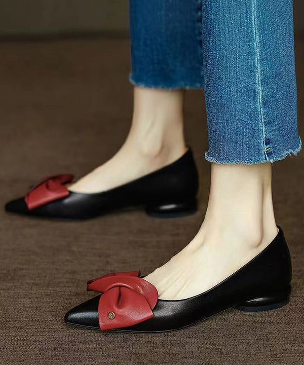 Black Flat Feet Shoes Cowhide Leather Fashion Pointed Toe Bow RT1016 Ada Fashion