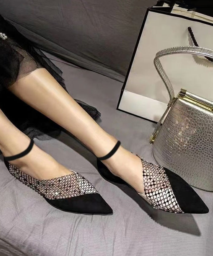 Toe Shoes Splicing Suede Flat Black Pointed Zircon Feet FashionChic