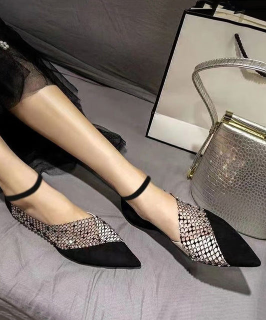 Toe Shoes Splicing Suede Flat Black Pointed Zircon Feet FashionChic