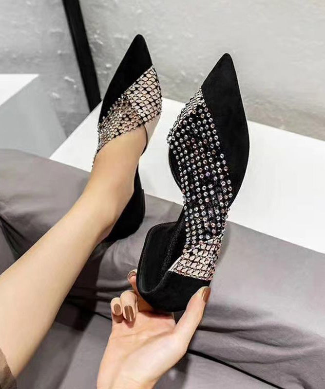 Toe Shoes Splicing Suede Flat Black Pointed Zircon Feet FashionChic