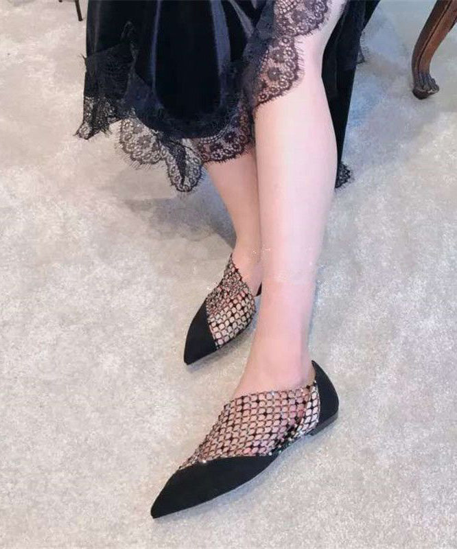 Toe Shoes Splicing Suede Flat Black Pointed Zircon Feet FashionChic