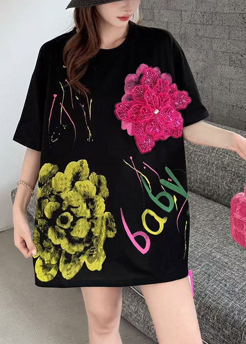 Floral Black Print Tanks Cotton Decorated Summer Graffiti FashionChic