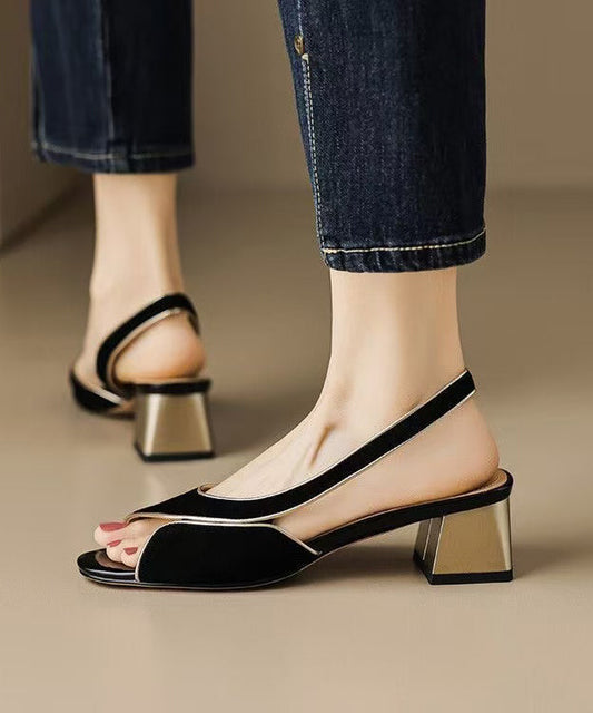 Black Sandals Splicing Chunky Peep Hollow Suede Out Toe FashionChic