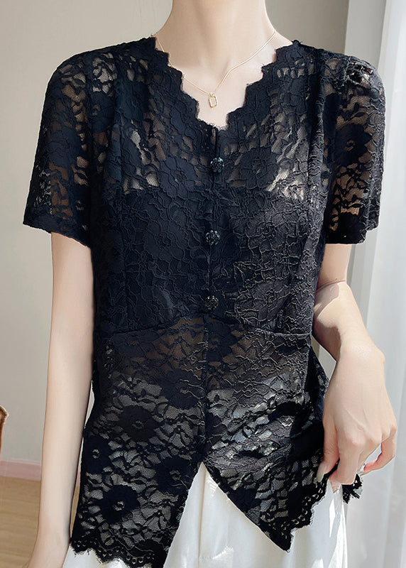 V Lace Hollow Neck Out Black Solid Summer Shirt FashionChic