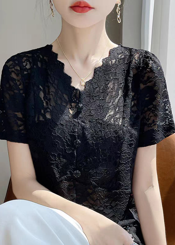 V Lace Hollow Neck Out Black Solid Summer Shirt FashionChic