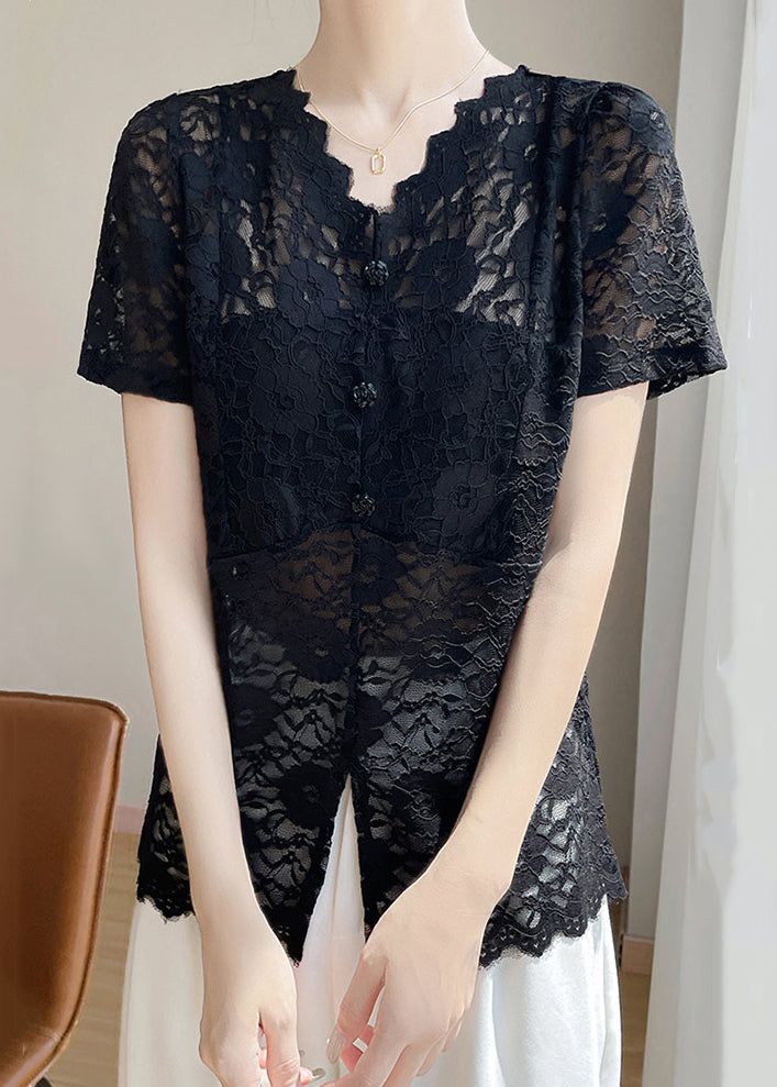 V Lace Hollow Neck Out Black Solid Summer Shirt FashionChic