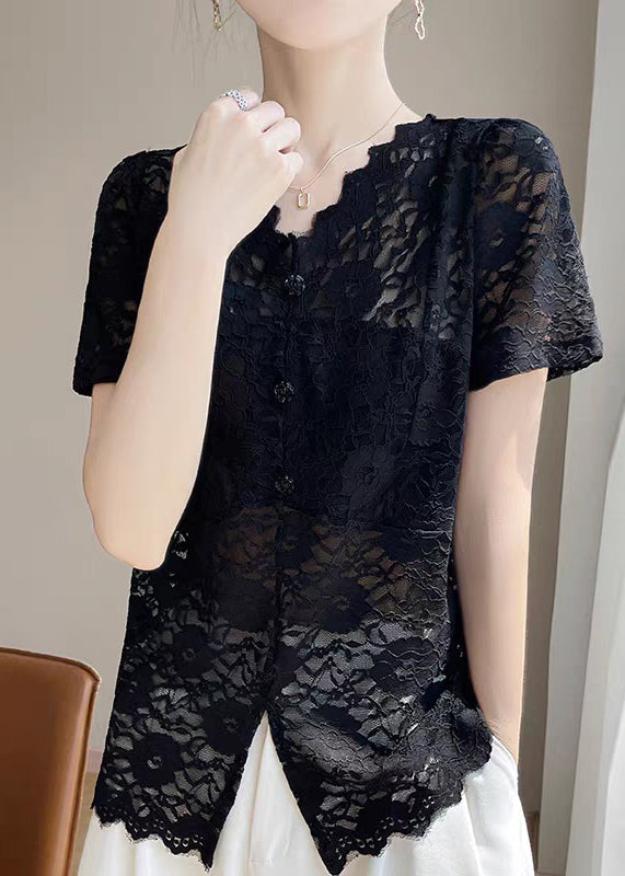 V Lace Hollow Neck Out Black Solid Summer Shirt FashionChic