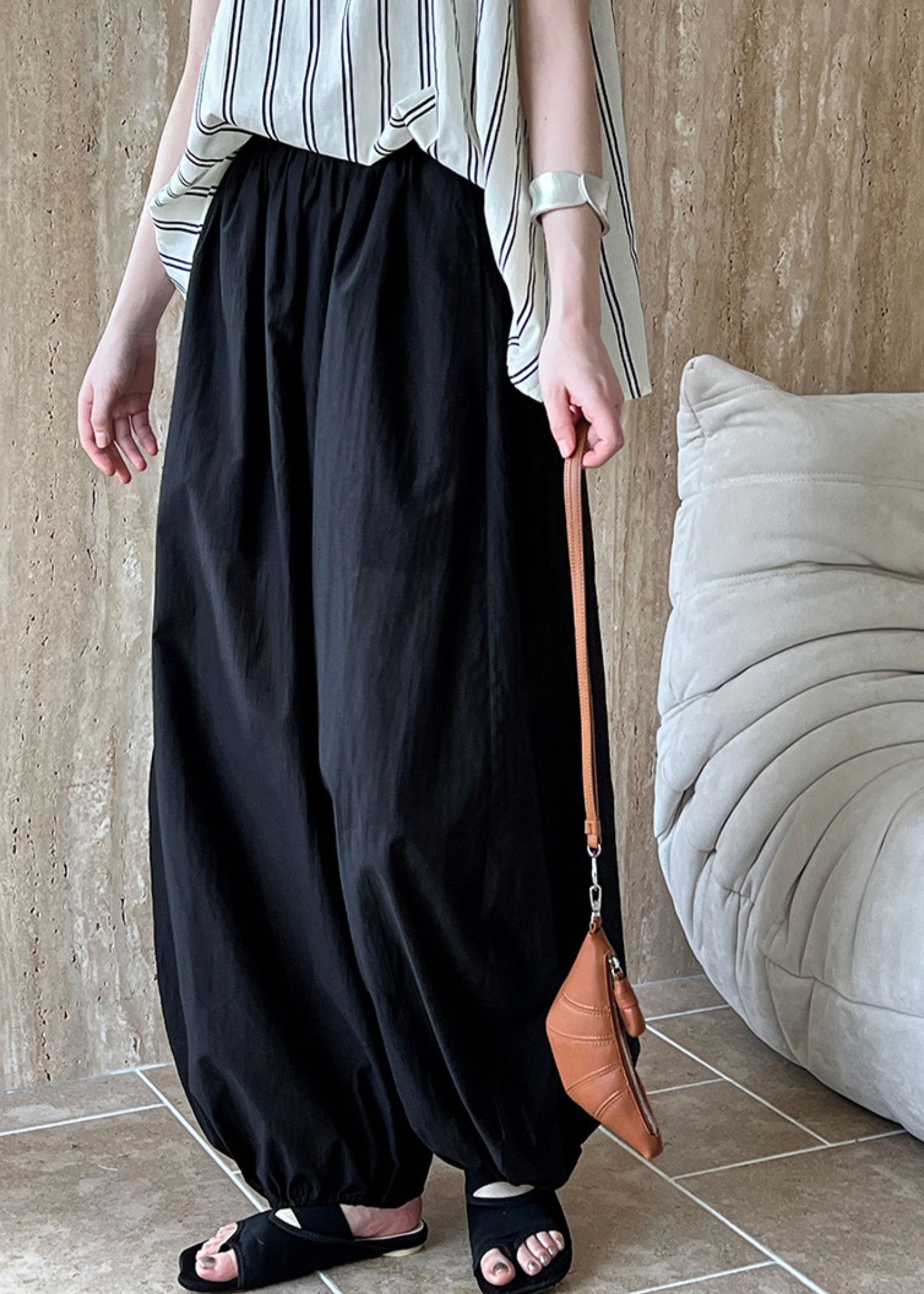 Pants Cotton Black Waist Lantern Elastic Summer Loose FashionChic