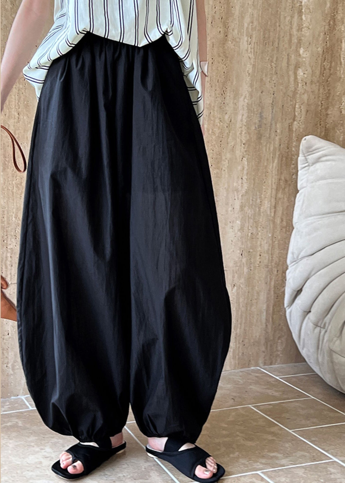 Pants Cotton Black Waist Lantern Elastic Summer Loose FashionChic
