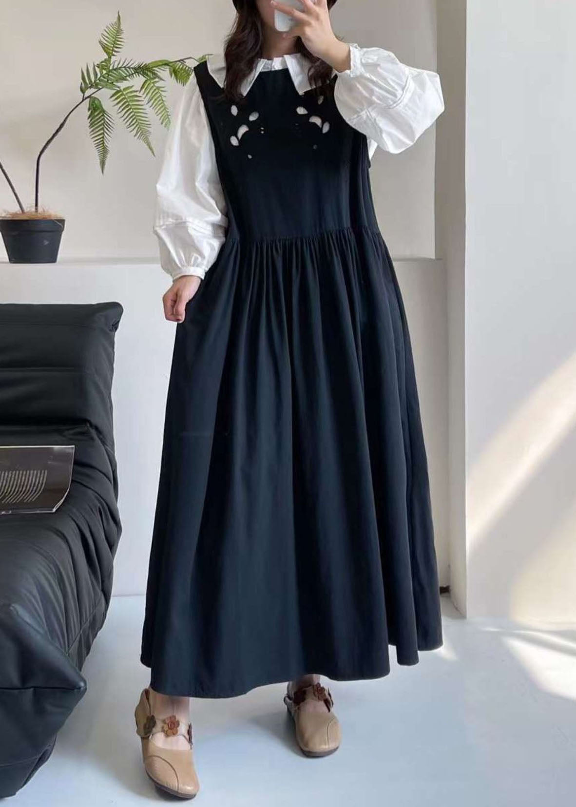 Black O-Neck Patchwork Wrinkled Maxi Dress Summer BV026 MZF-SDL240702