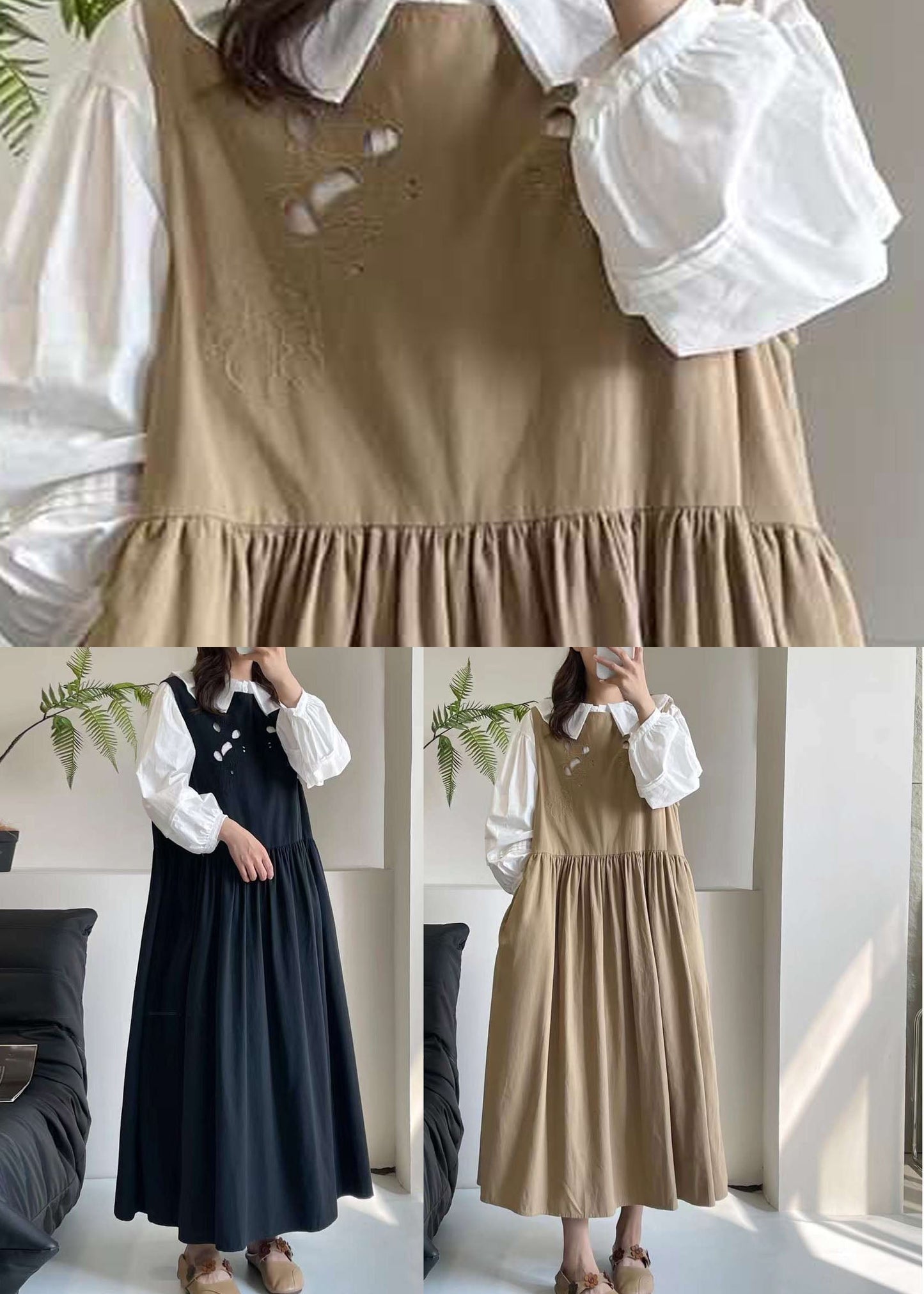 Black O-Neck Patchwork Wrinkled Maxi Dress Summer BV026 MZF-SDL240702