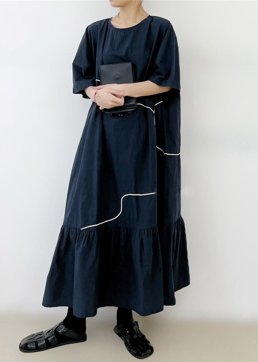 Black O-Neck Wrinkled Long Dress Summer GH1048 Ada Fashion
