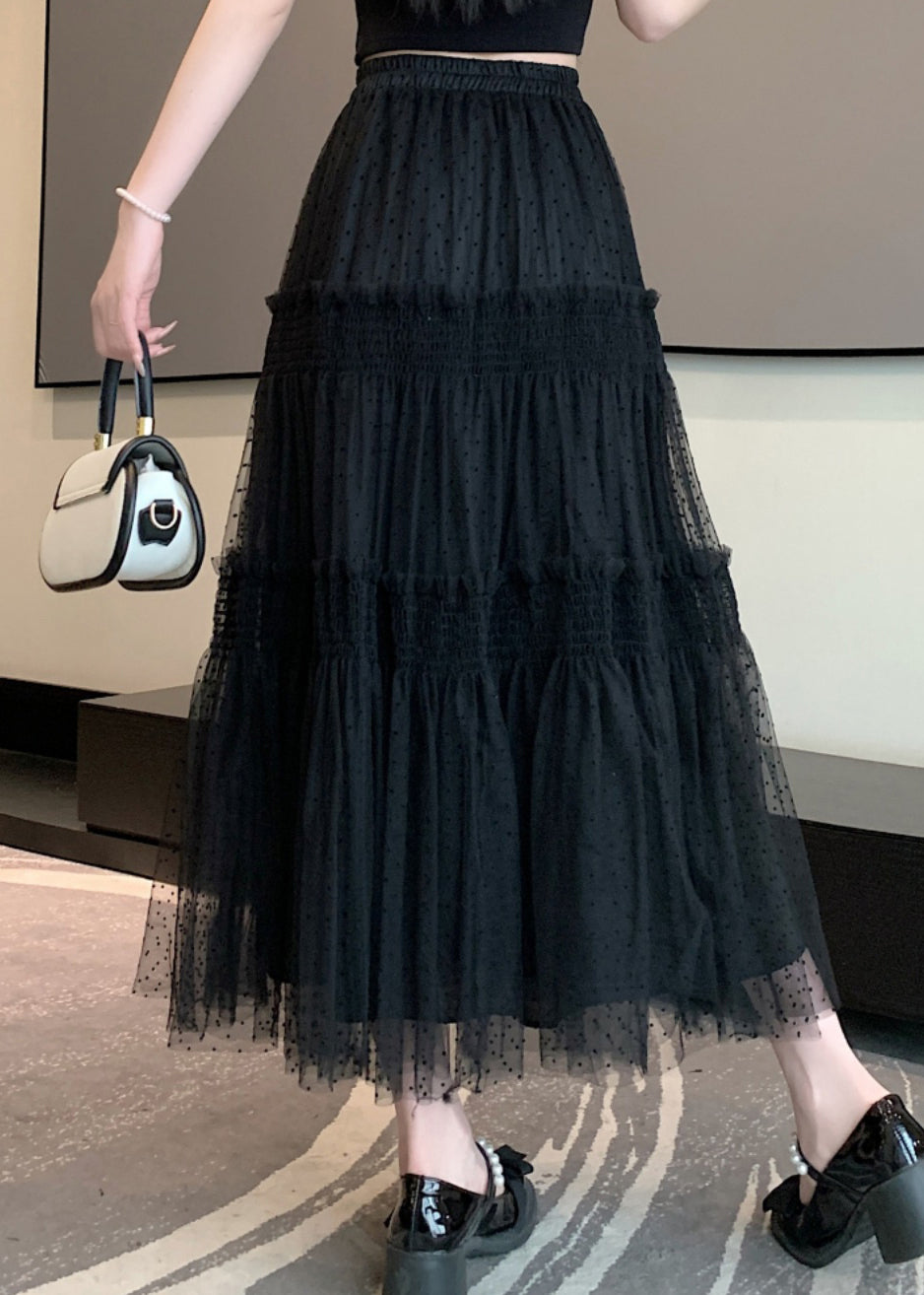 Black Patchwork Italian Tulle Skirt Ruffled Elastic Waist Spring QQ1059 Ada Fashion