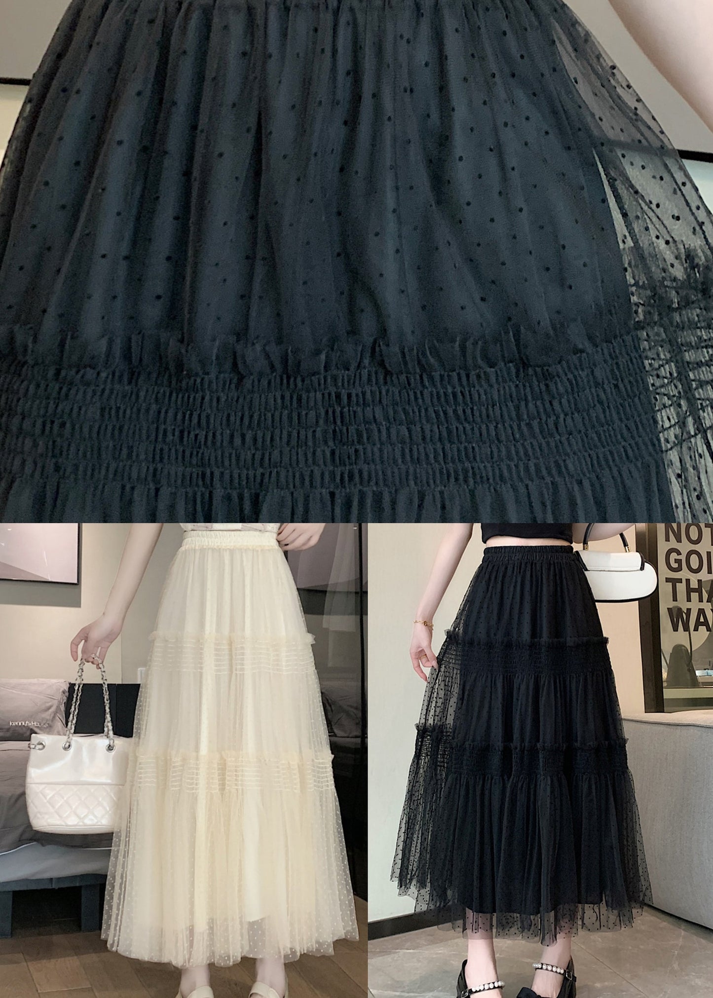 Black Patchwork Italian Tulle Skirt Ruffled Elastic Waist Spring QQ1059 Ada Fashion