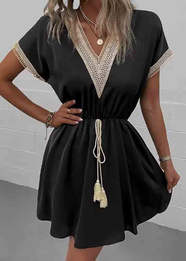 Dress Patchwork V Lace Waist Summer Tie Black Neck FashionChic