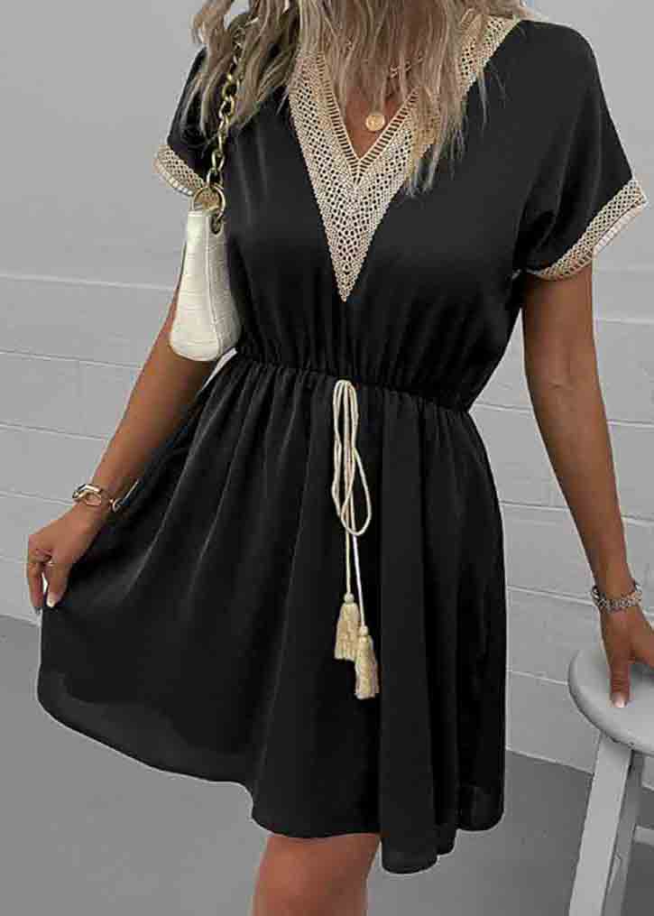 Dress Patchwork V Lace Waist Summer Tie Black Neck FashionChic