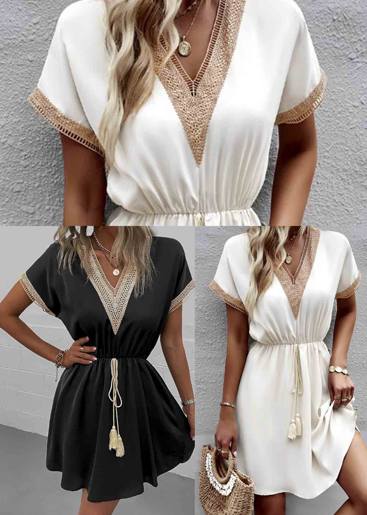 Dress Patchwork V Lace Waist Summer Tie Black Neck FashionChic