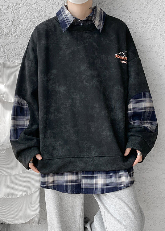 Black Fleece Collar Warm Peter Sweatshirt Men Pan Plaid Patchwork FashionChic
