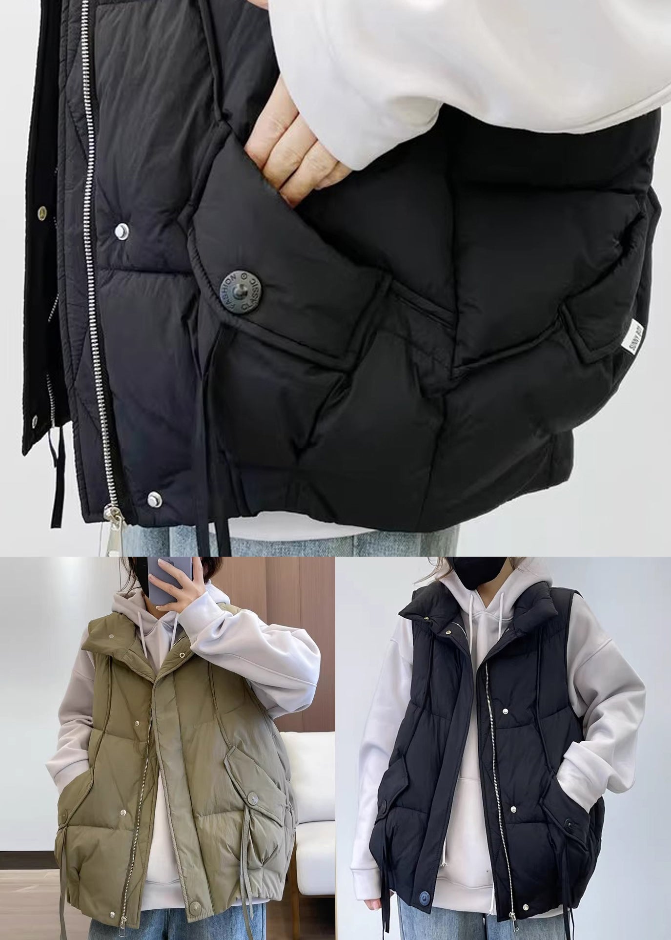 Black Pockets Cotton Filled Waistcoat Zip Up Sleeveless YW013 ABC