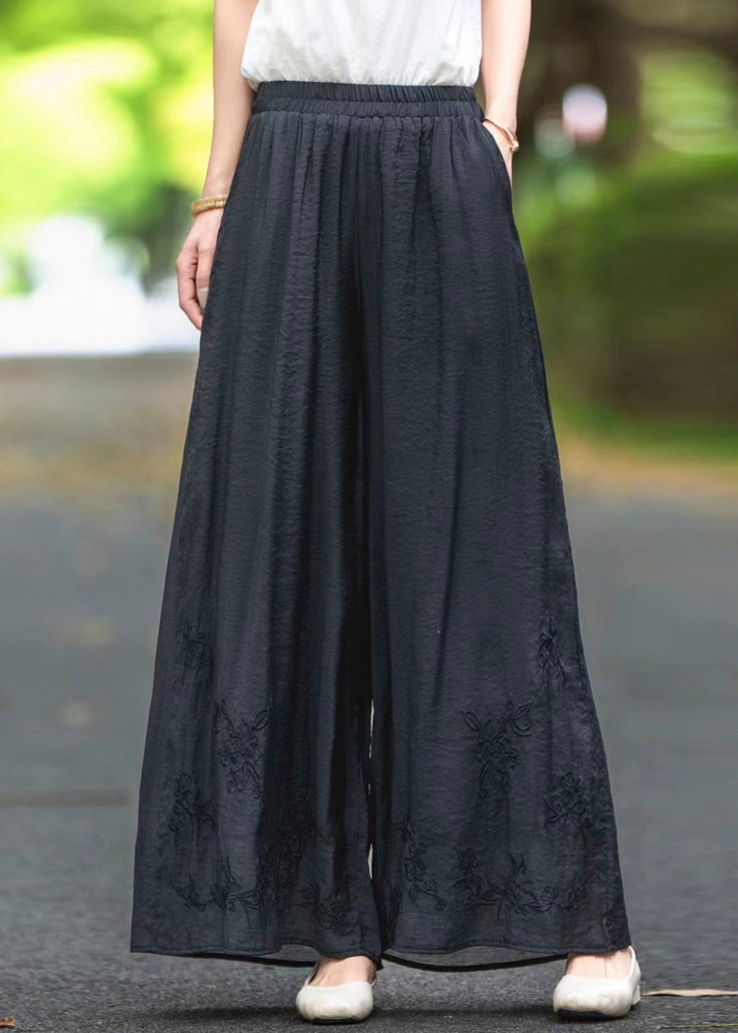 Silk Pockets Elastic Black Summer Embroidered Waist Pants FashionChic