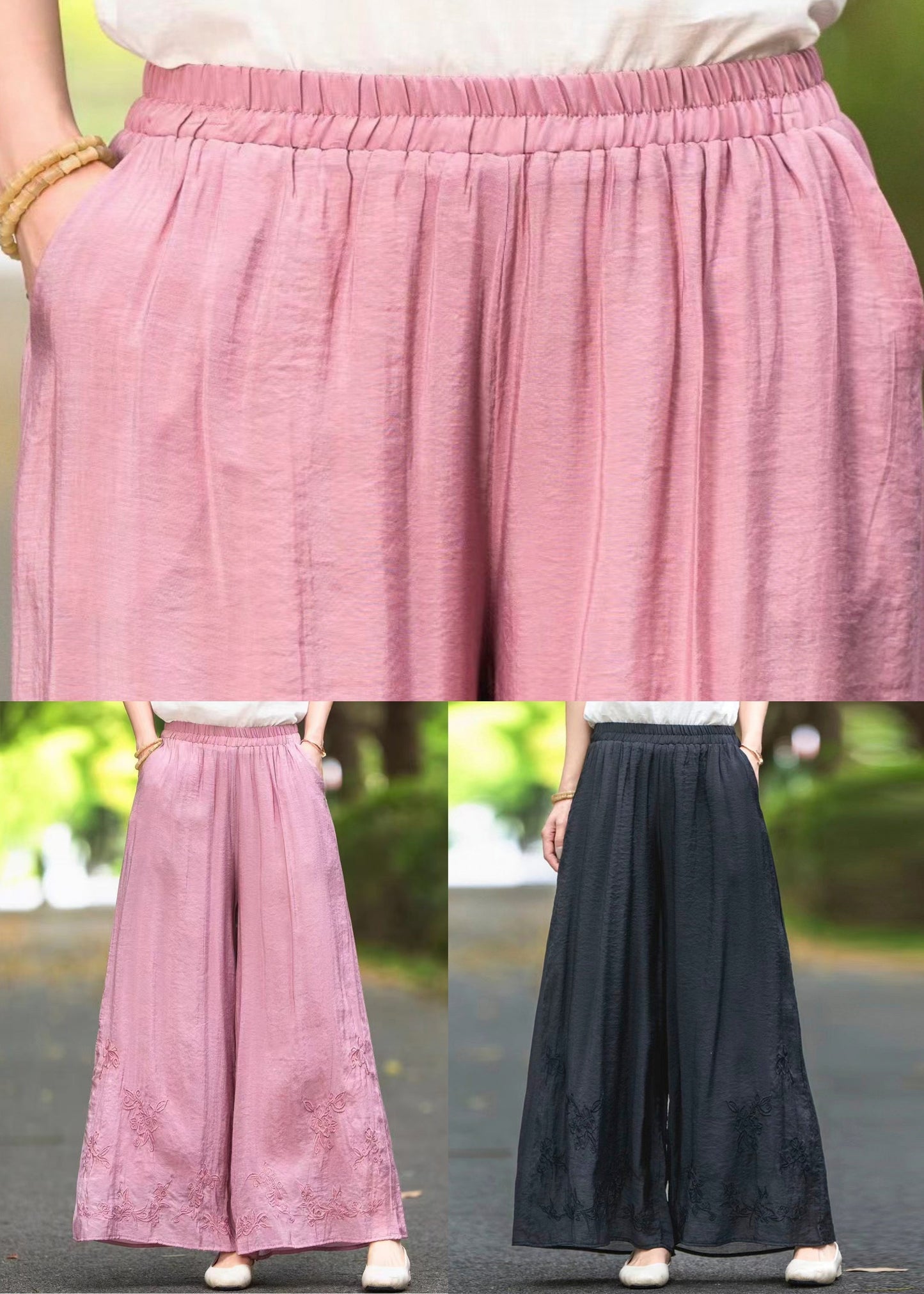 Silk Pockets Elastic Black Summer Embroidered Waist Pants FashionChic