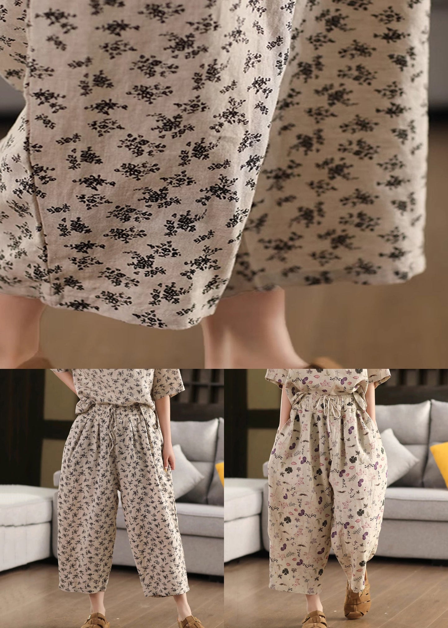 Pants Linen Crop Pockets Elastic Summer Black Waist FashionChic
