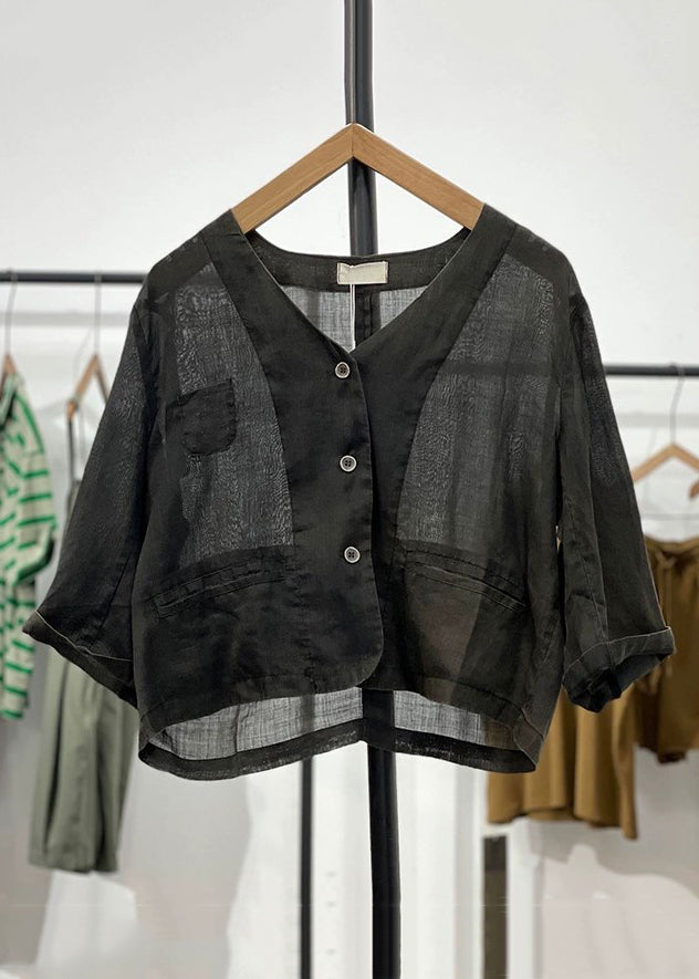 Black Pockets Solid Linen Cardigan V Neck Long Sleeve GG033 MZF-CDG240610