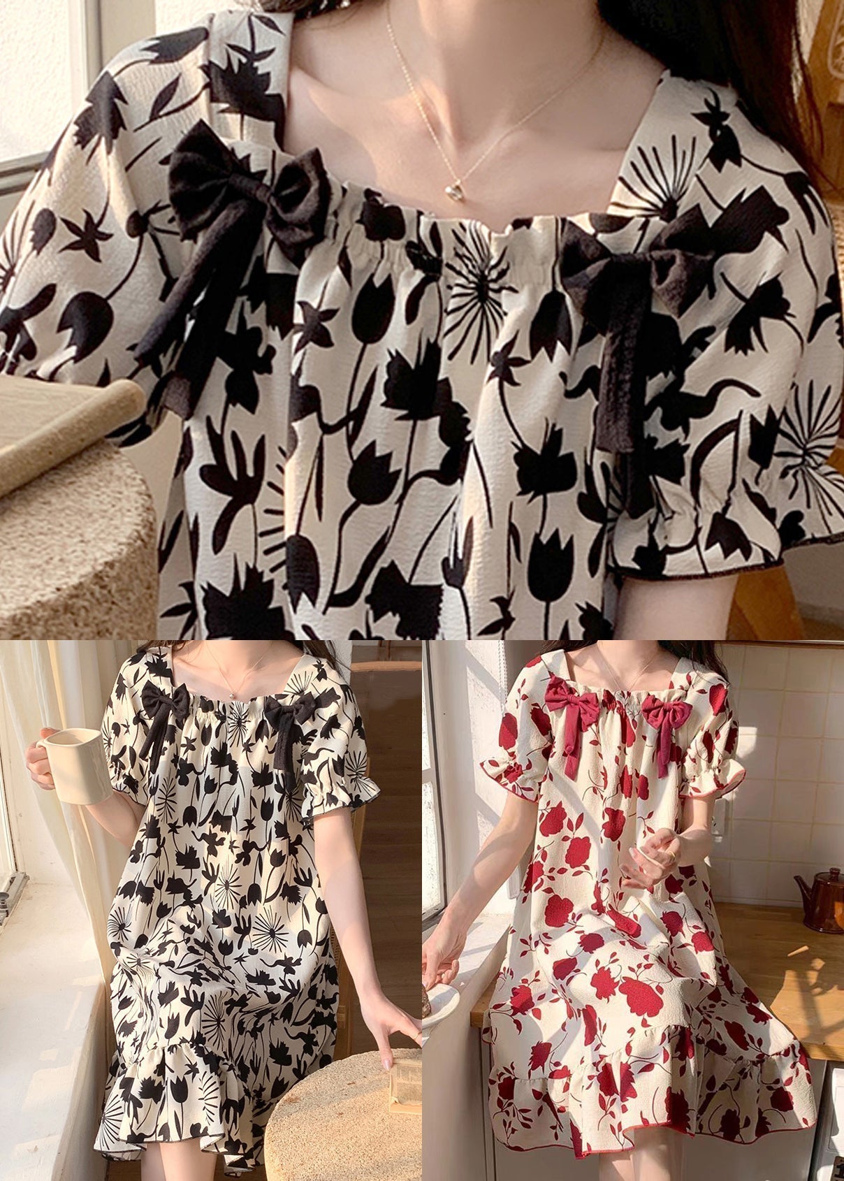 Black Print Bow Pajamas Dresses Square Collar Butterfly Sleeve YK017 ABC